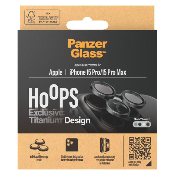 Zaščita objektiva kamere Hoops za iPhone 15 Pro/15 Pro Max, Black Titanium, PanzerGlass