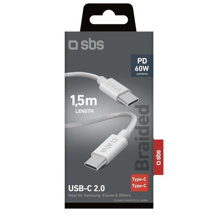 SBS - Pleteni kabel USB-C/USB-C, PD, 60W, 2m, bela