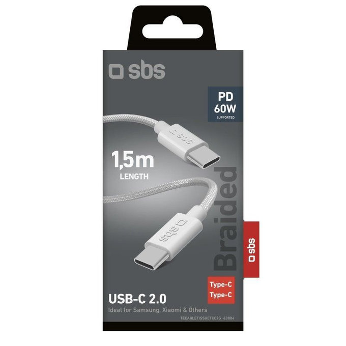 SBS - Pleteni kabel USB-C/USB-C, PD, 60W, 2m, bela