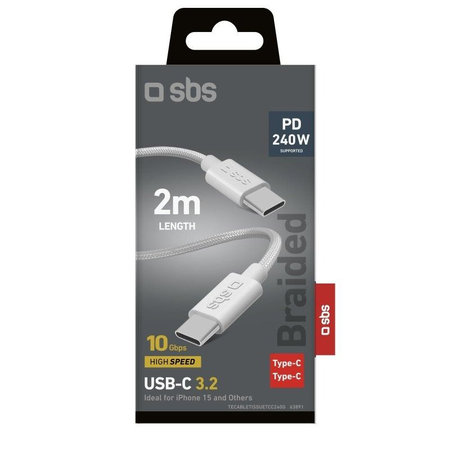 SBS - Pleteni kabel USB-C/USB-C, PD, 240W, 2m, bela