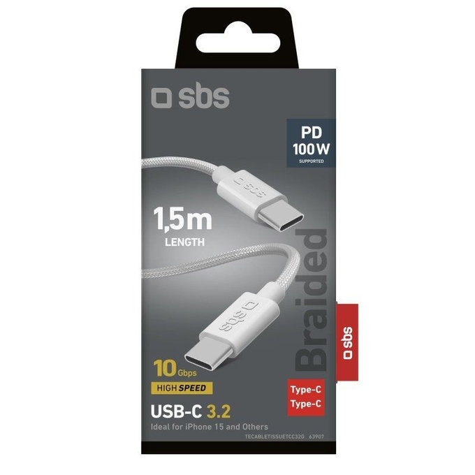 SBS - Pleteni kabel USB-C/USB-C, PD, 100W, 1.5m, bela