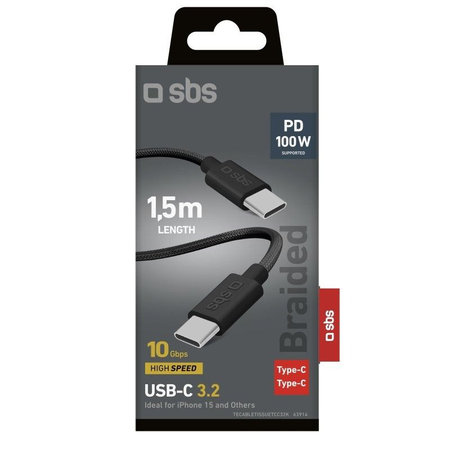 SBS - Pleteni kabel USB-C/USB-C, PD, 100W, 1.5m, črna