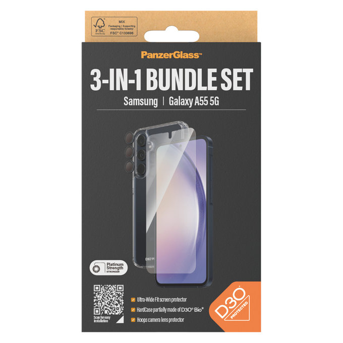 Bundle Hoops + Kaljeno steklo UWF + Hard Case D3O za Samsung Galaxy A55 5G, PanzerGlass