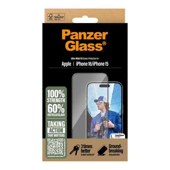 UWF kaljeno steklo z aplikatorjem za iPhone 16/15, Črna, PanzerGlass