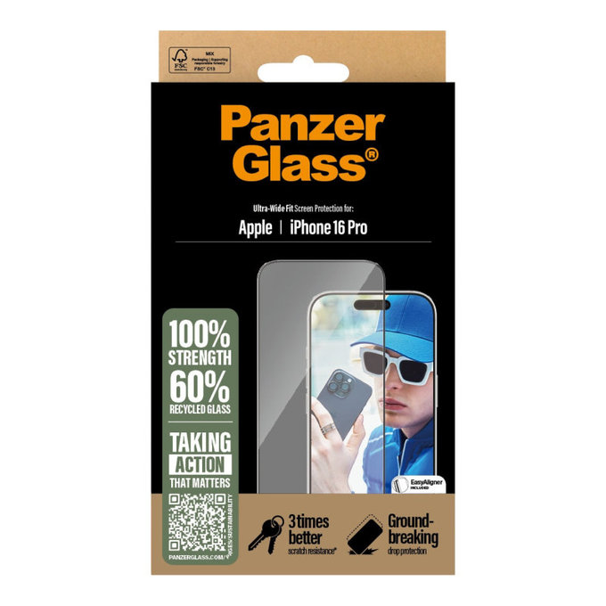 Kaljeno steklo UWF z aplikatorjem za iPhone 16 Pro, Črna, PanzerGlass