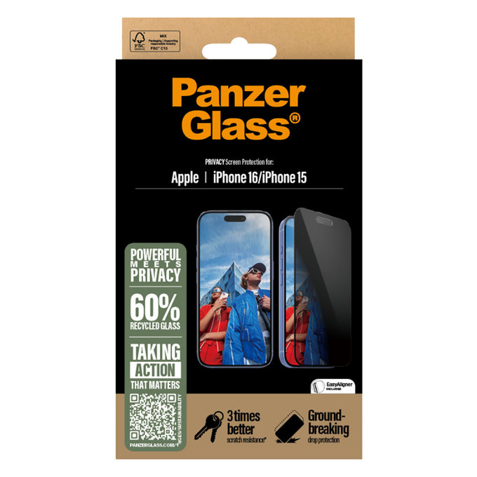 PanzerGlass - Kaljeno Steklo UWF Privacy z aplikatorjem za iPhone 16, črn