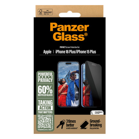 PanzerGlass - Kaljeno Steklo UWF Privacy z aplikatorjem za iPhone 16 Plus, črn