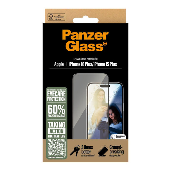 Kaljeno steklo UWF Eyecare z aplikatorjem za iPhone 16 Plus/15 Plus, Črna, PanzerGlass