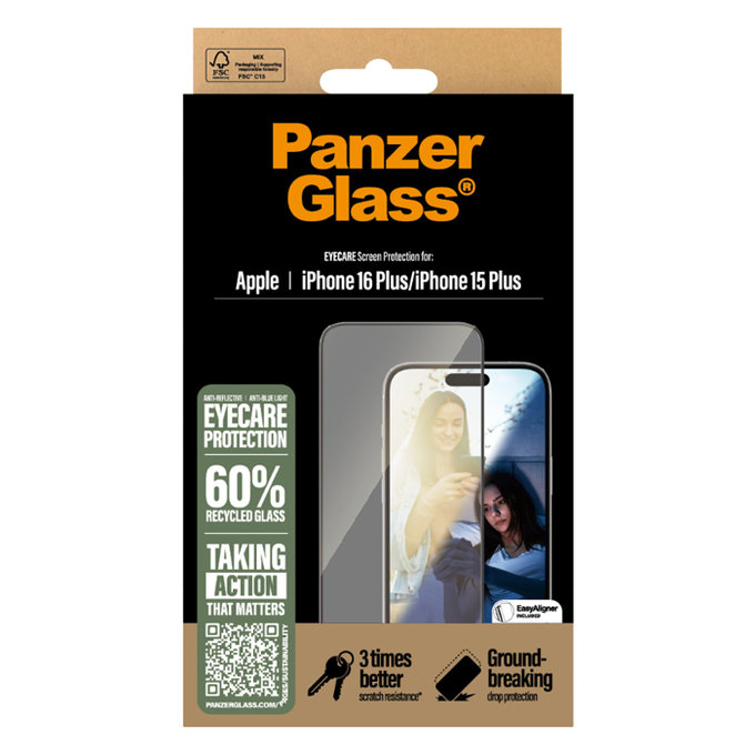 PanzerGlass - Kaljeno Steklo UWF Eyecare z aplikatorjem za iPhone 16 Plus, črn