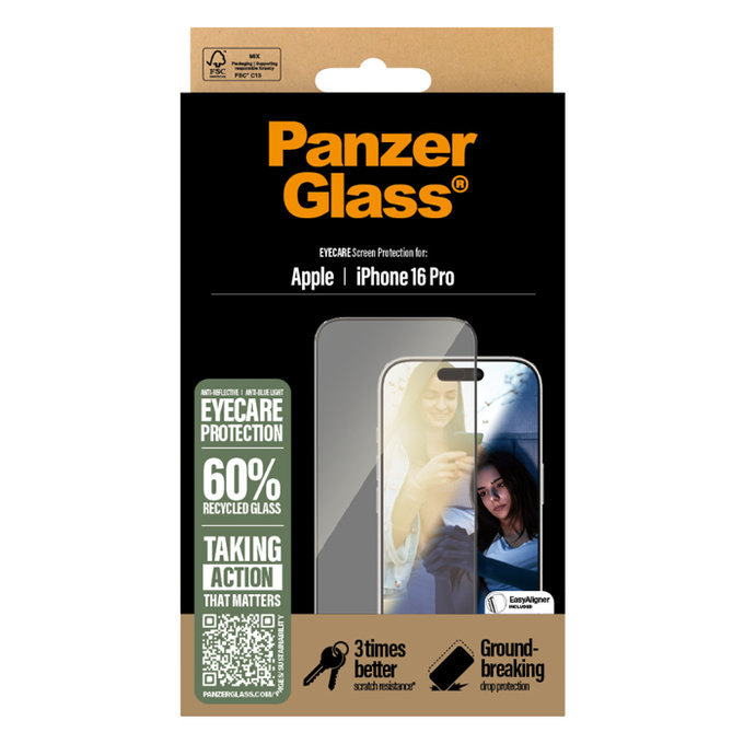 PanzerGlass - Kaljeno Steklo UWF Eyecare z aplikatorjem za iPhone 16 Pro, črn