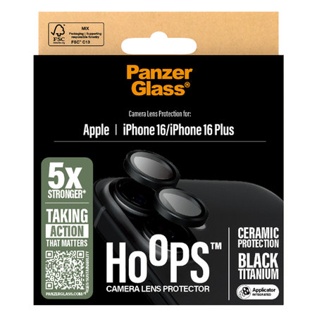 PanzerGlass - Zaščitni Ovitek za Objektiv Kamere Hoops Ceramic za iPhone 16 in 16 Plus, črn