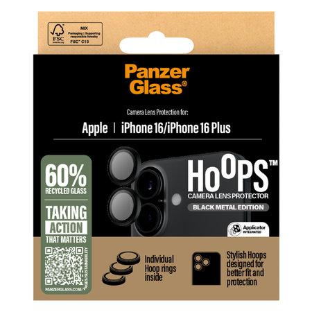 PanzerGlass - Zaščitni Ovitek za Objektiv Kamere Hoops za iPhone 16 in 16 Plus, črn