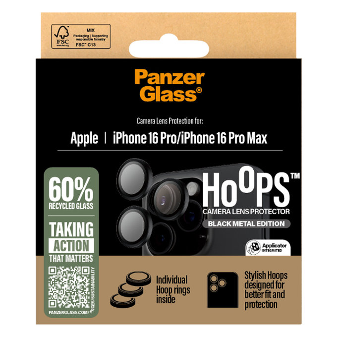 PanzerGlass - Zaščitni Ovitek za Objektiv Kamere Hoops za iPhone 16 Pro in 16 Pro Max, črn