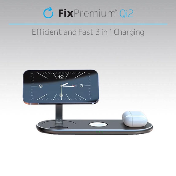 FixPremium - Stojalo za polnjenje z Qi2 za iPhone, Apple Watch i AirPods, črna