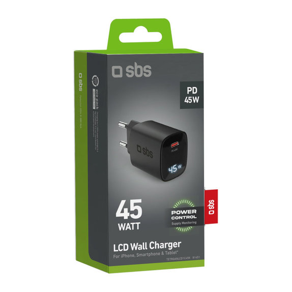 Potovalni adapter LCD USB-C, GaN, 45 W PD, črna, SBS