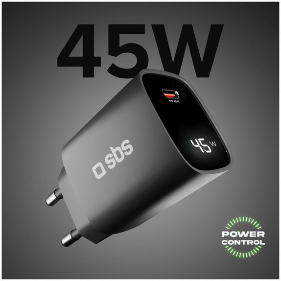 Potovalni adapter LCD USB-C, GaN, 45 W PD, črna, SBS