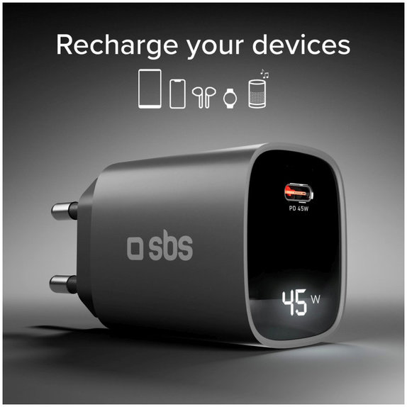 Potovalni adapter LCD USB-C, GaN, 45 W PD, črna, SBS