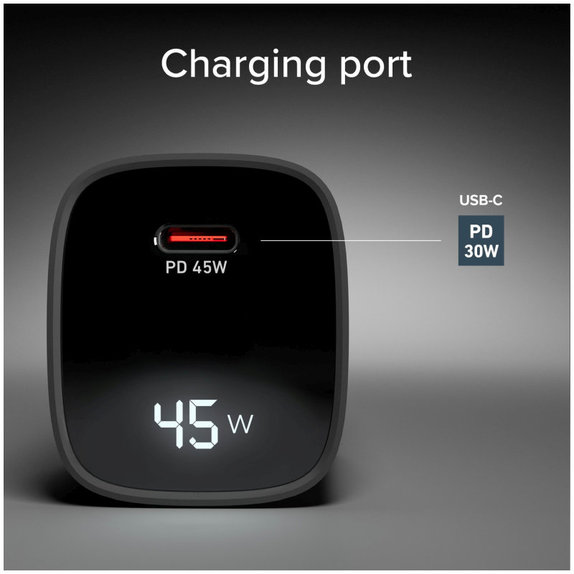 Potovalni adapter LCD USB-C, GaN, 45 W PD, črna, SBS