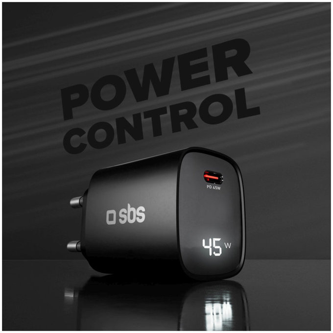 Potovalni adapter LCD USB-C, GaN, 45 W PD, črna, SBS