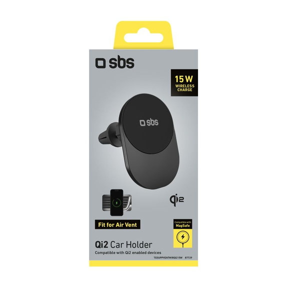 SBS - Avto nosilec z brezžičnim polnjenjem, Qi2, 15W, MagSafe, za zračnik, črna