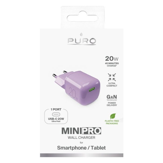 PURO - Polnilni adapter MiniPro USB-C, GaN, 20W, coraltastic