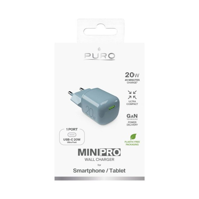 PURO - Polnilni adapter MiniPro USB-C, GaN, 20W, island mist