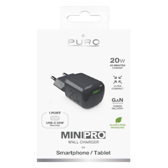 PURO - Polnilni adapter MiniPro USB-C, GaN, 20W, black oyster