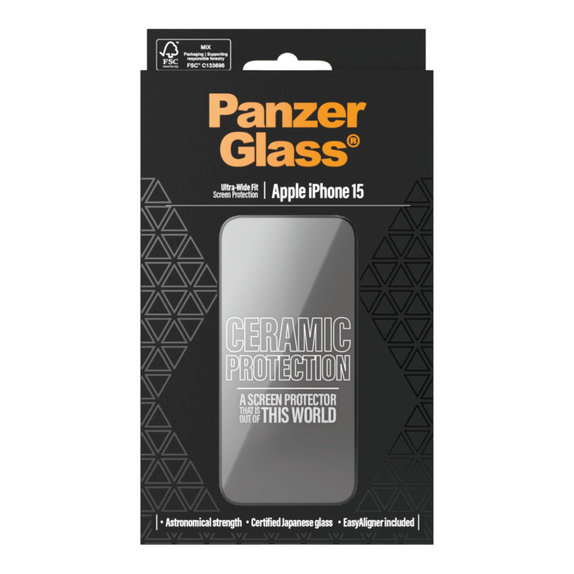 Kaljeno steklo UWF Ceramic z aplikatorjem za iPhone 15, Črna, PanzerGlass