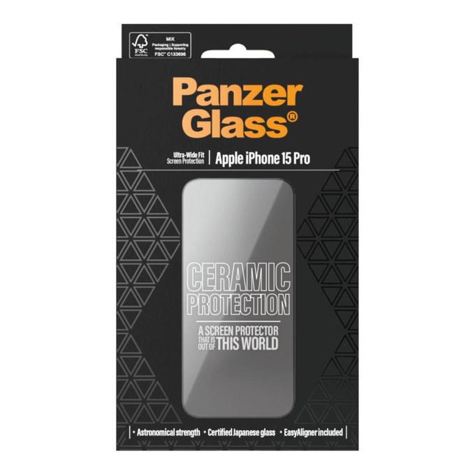 Kaljeno steklo UWF Ceramic z aplikatorjem za iPhone 15 Pro, Črna, PanzerGlass