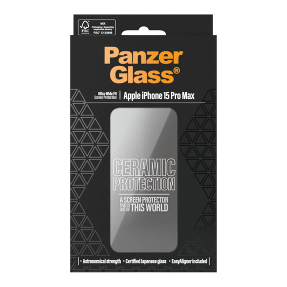 Kaljeno steklo UWF Ceramic z aplikatorjem za iPhone 15 Pro Max, Črna, PanzerGlass