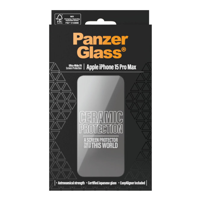 Kaljeno steklo UWF Ceramic z aplikatorjem za iPhone 15 Pro Max, Črna, PanzerGlass