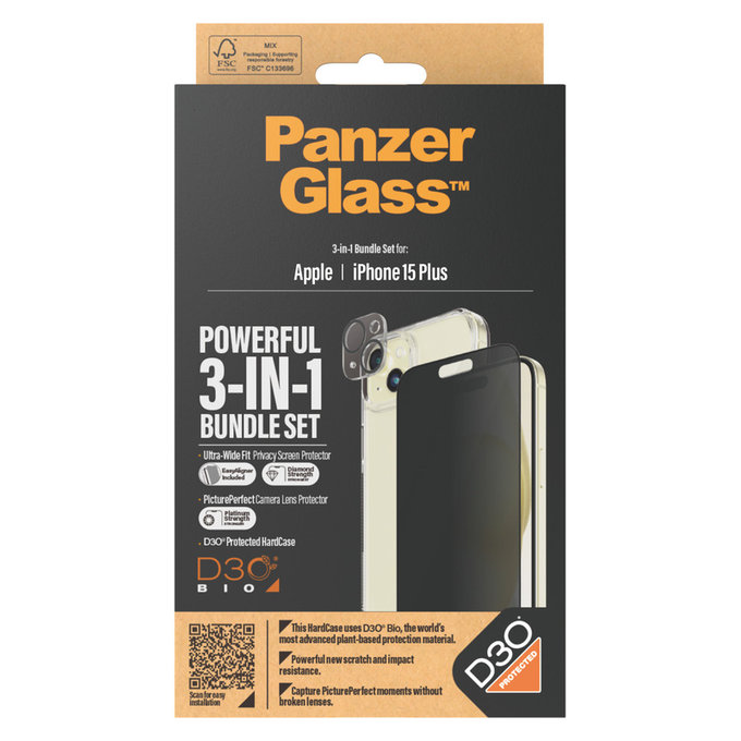 Bundle PicturePerfect + Kaljeno steklo UWF Privacy + Hard Case D3O za iPhone 15 Plus, PanzerGlass