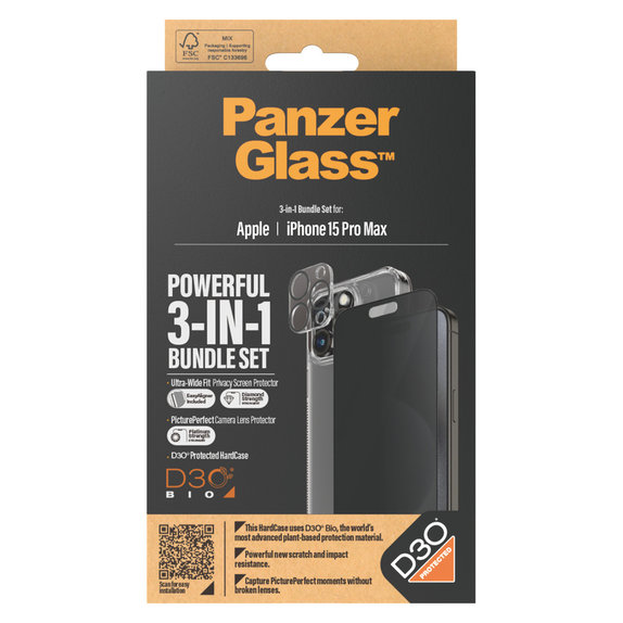 Bundle PicturePerfect + Kaljeno steklo UWF Privacy + Hard Case D3O za iPhone 15 Pro Max, PanzerGlass