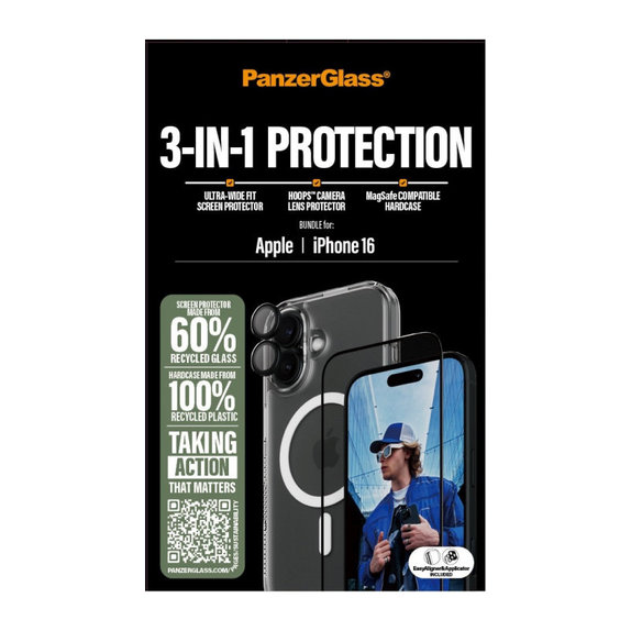 Bundle 3v1 Hoops + UWF kaljeno steklo + Hard Case za iPhone 16, PanzerGlass