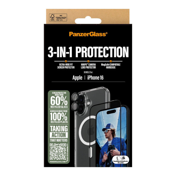 Bundle 3v1 Hoops + UWF kaljeno steklo + Hard Case za iPhone 16, PanzerGlass
