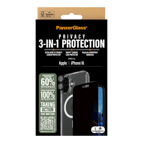 Bundle Hoops + Kaljeno steklo UWF Privacy + Hard Case za iPhone 16, PanzerGlass