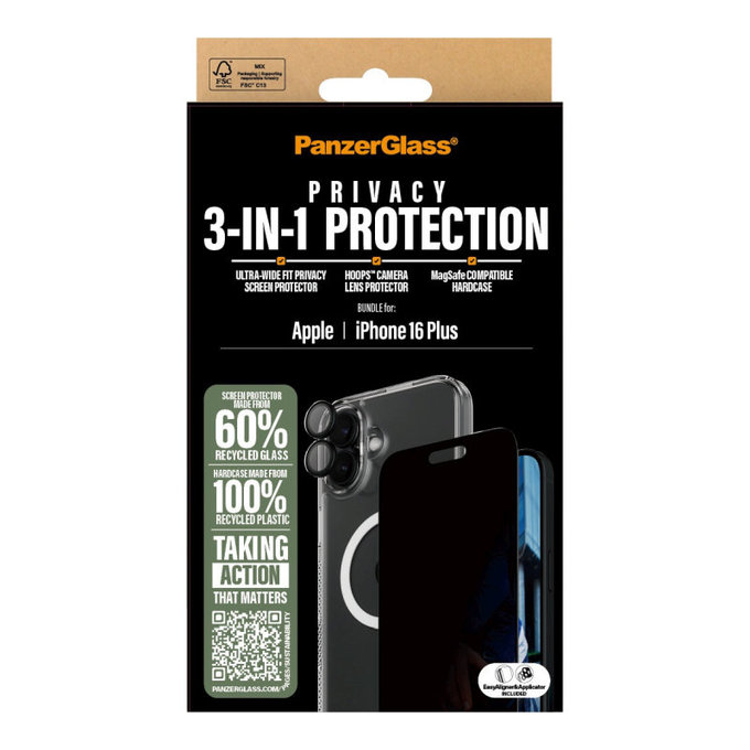 Bundle Hoops + Kaljeno steklo UWF Privacy + Hard Case za iPhone 16 Plus, PanzerGlass