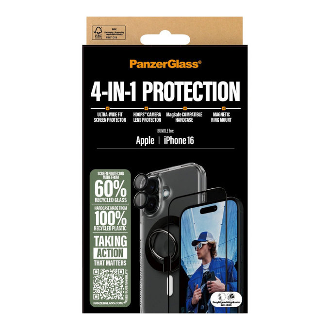 Bundle Hoops + Kaljeno steklo UWF + Hard Case + Magnetic Ring Mount za iPhone 16, PanzerGlass