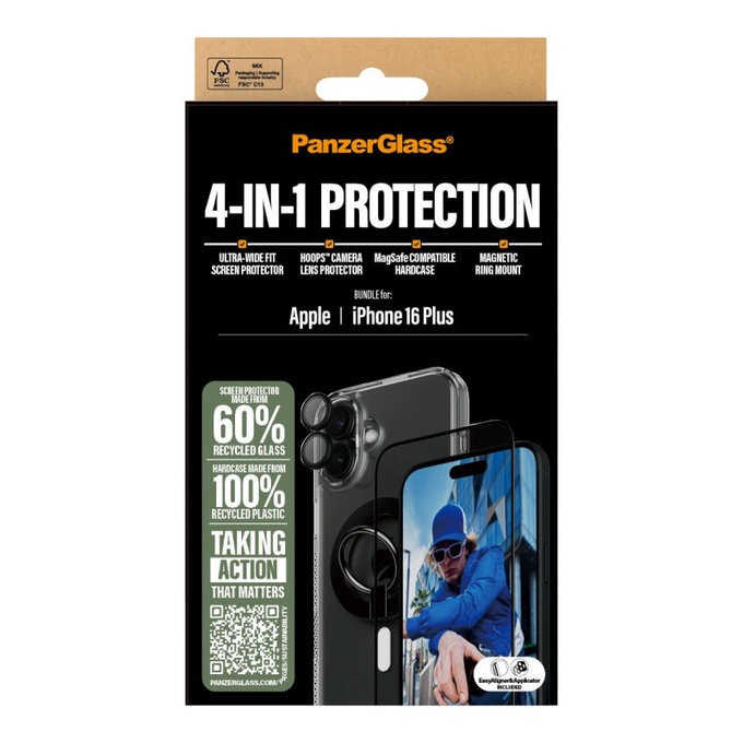 Bundle Hoops + Kaljeno steklo UWF + Hard Case + Magnetic Ring Mount za iPhone 16 Plus, PanzerGlass
