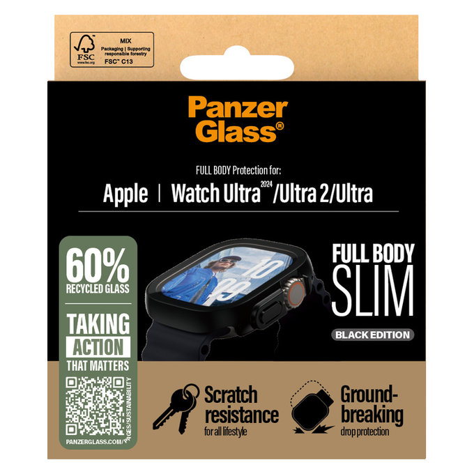 Kaljeno steklo Full Body Slim za Apple Watch Ultra 2024/Ultra 2/Ultra, Črna, PanzerGlass