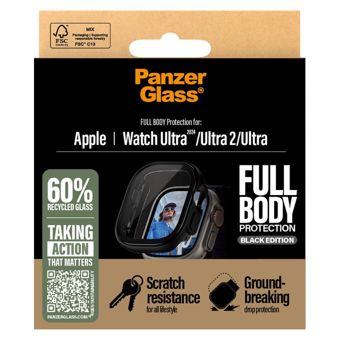Kaljeno steklo Full Body za Apple Watch Ultra 2024/Ultra 2/Ultra, Črna, PanzerGlass