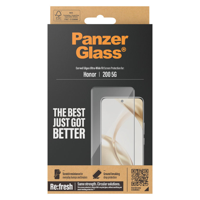 Kaljeno steklo Re:Fresh UWF za Honor 200, Črna, PanzerGlass