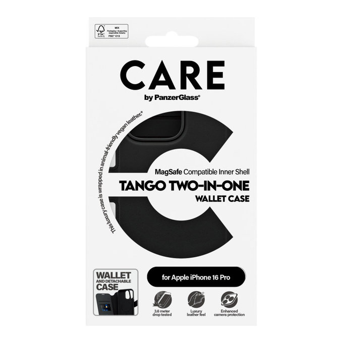 Ovitek Wallet Tango Two-In-One z MagSafe za iPhone 16 Pro, Črna, CARE
