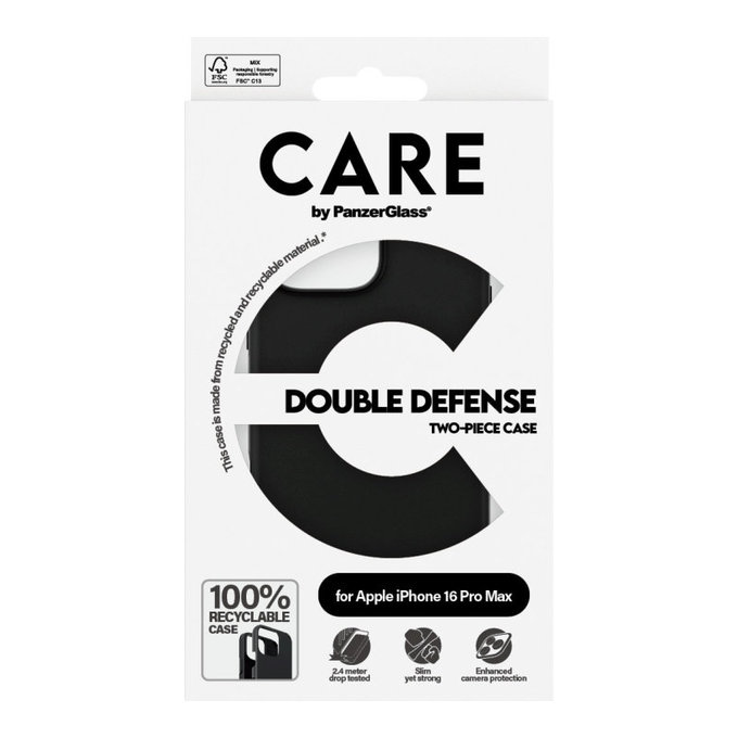 Ovitek Double Defense za iPhone 16 Pro Max, Črna, CARE