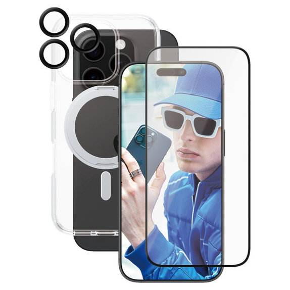Bundle Hoops Ceramic + Kaljeno steklo UWF Ceramic + Ovitek Kickstand za iPhone 16 Pro, CARE