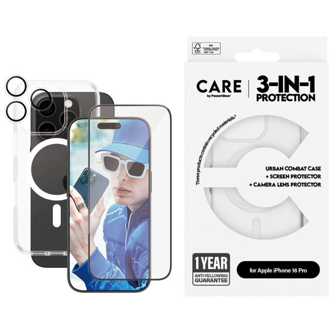 Bundle Hoops + Kaljeno steklo UWF + Ovitek Urban Combat za iPhone 16 Pro, CARE