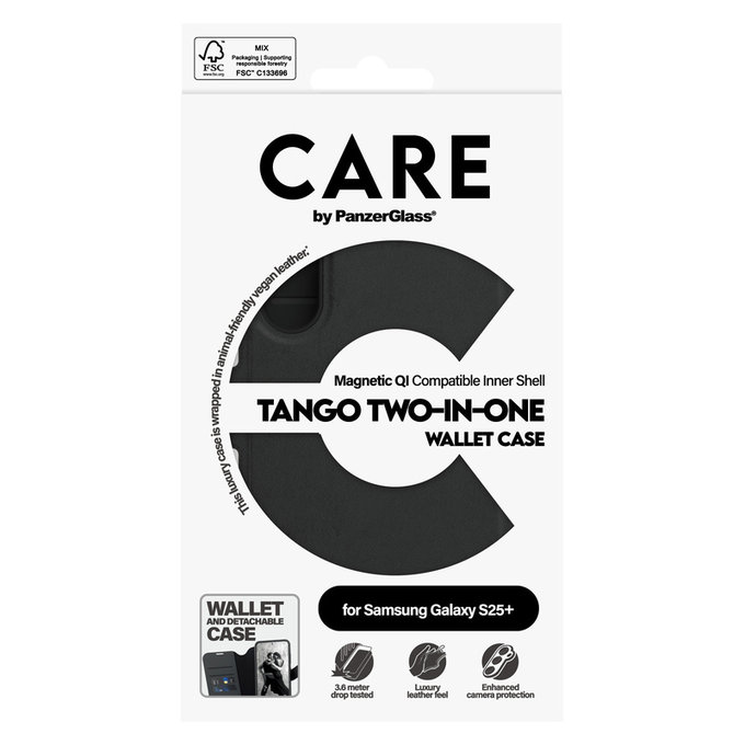 Ovitek Wallet Tango Two-In-One s QI za Samsung Galaxy S25+, Črna, PanzerGlass
