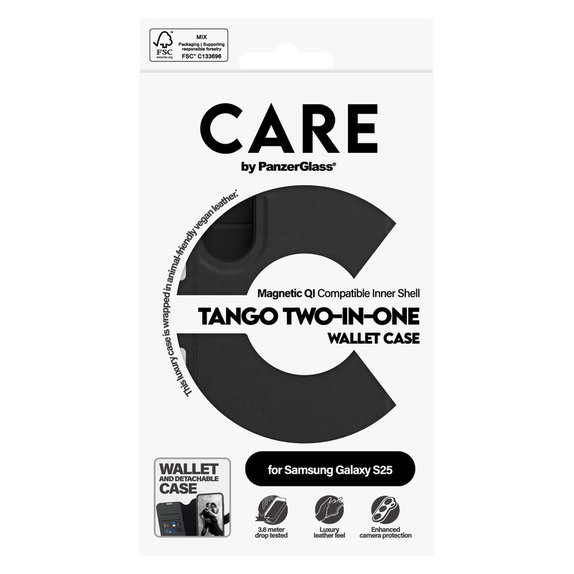 Ovitek Wallet Tango Two-In-One s QI za Samsung Galaxy S25, Črna, PanzerGlass