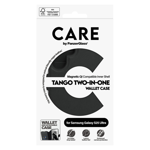 Ovitek Wallet Tango Two-In-One s QI za Samsung Galaxy S25 Ultra, Črna, PanzerGlass