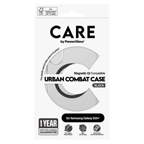 Ovitek Urban Combat s črnim QI za Samsung Galaxy S25+, Prozorna, PanzerGlass